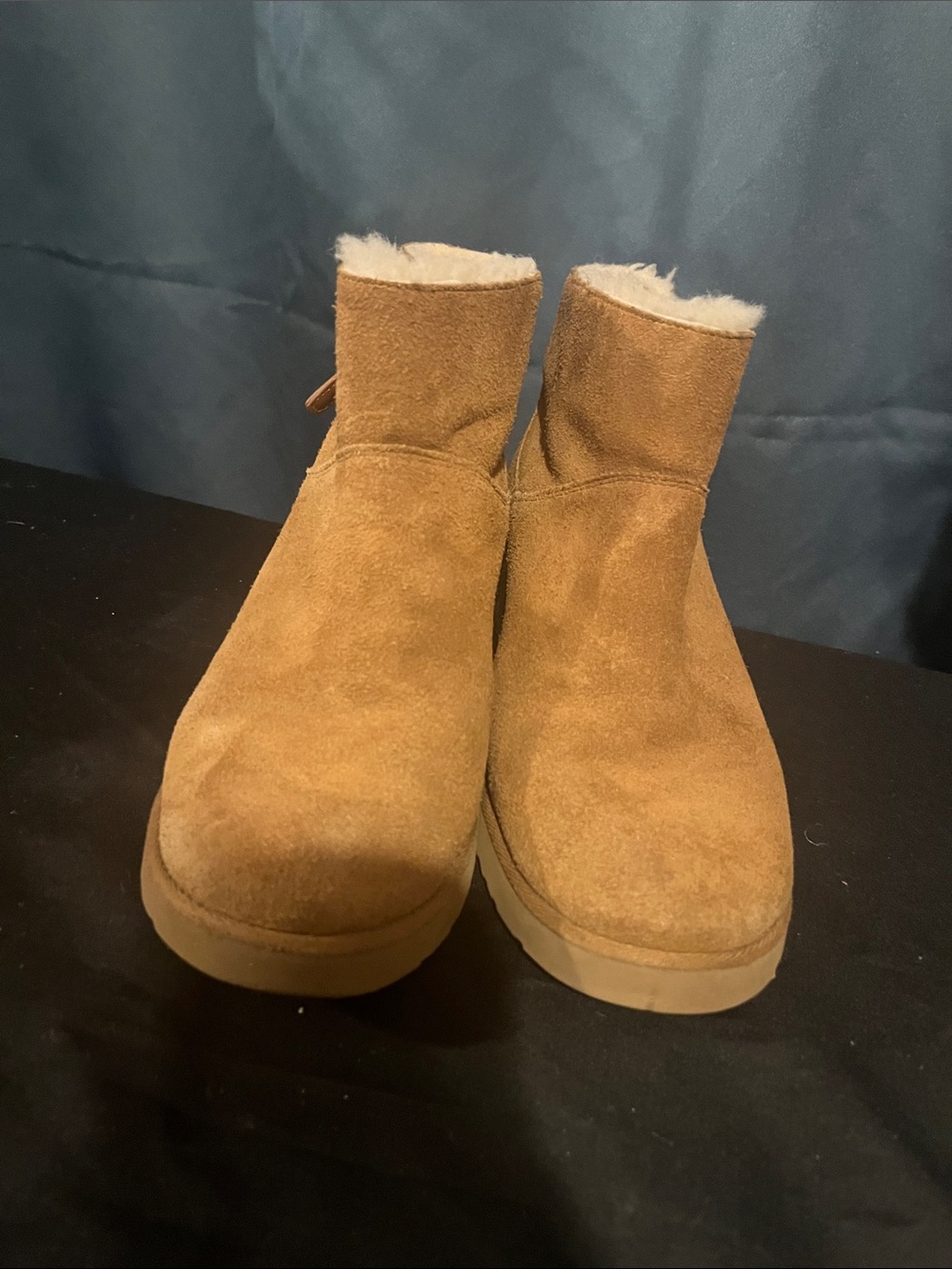 UGG Wedge Chestnut Suede Short Booties with Shearling Trim